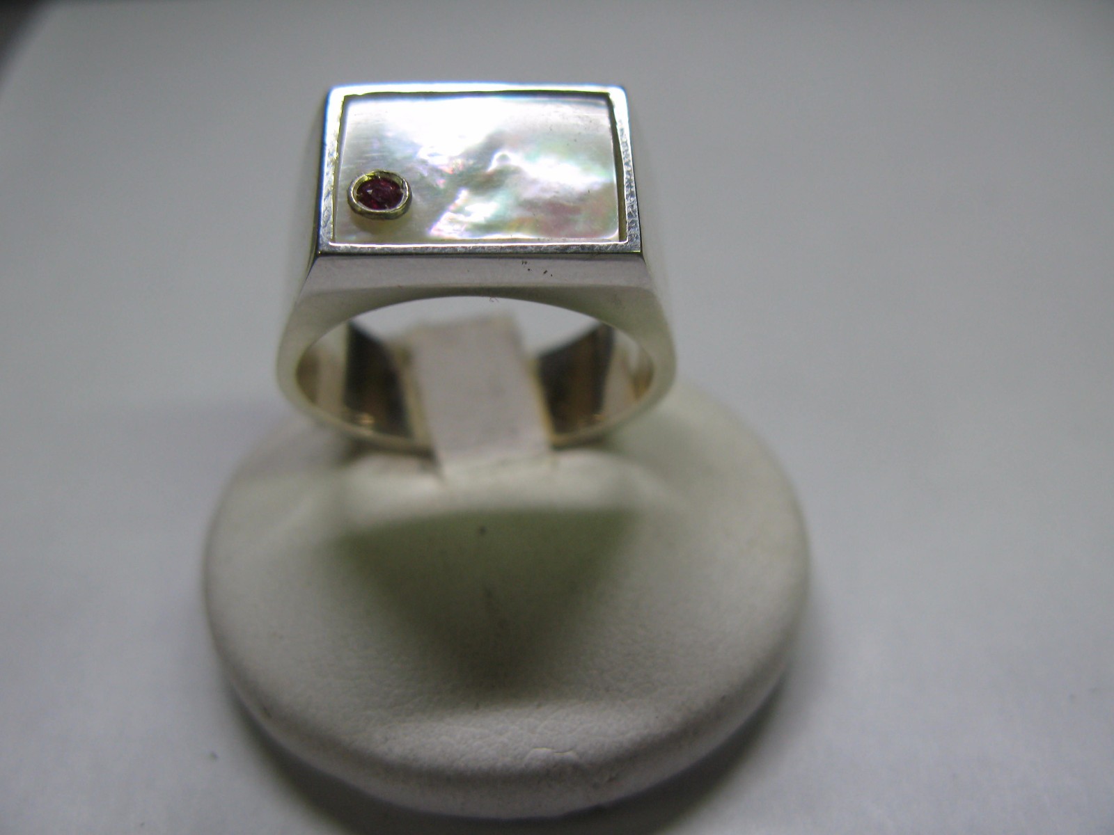 SILVER RING 925 °°° MAN PEARL SQUARE HAND WORKED AND RUBY / EMERALD / ZAFFIRO