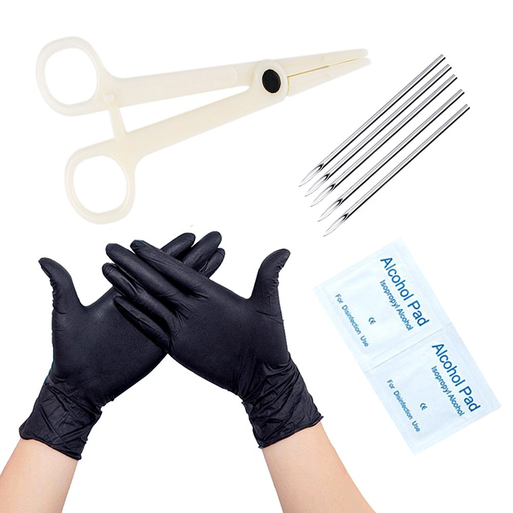 10pc Body Needle Piercing Tool Kit Slotted Plier Steel Needle Tattoo Gloves Set