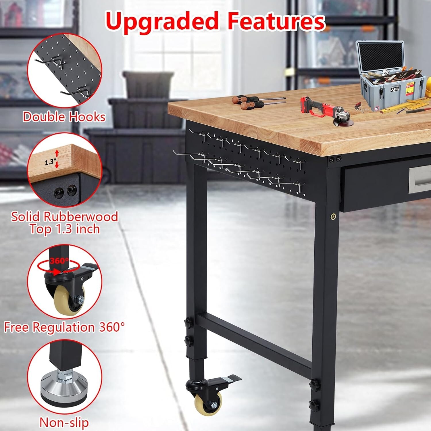 48" Adjustable Height Workbench 2000 LBS Workstation With 9.8FT Cable & Drawer