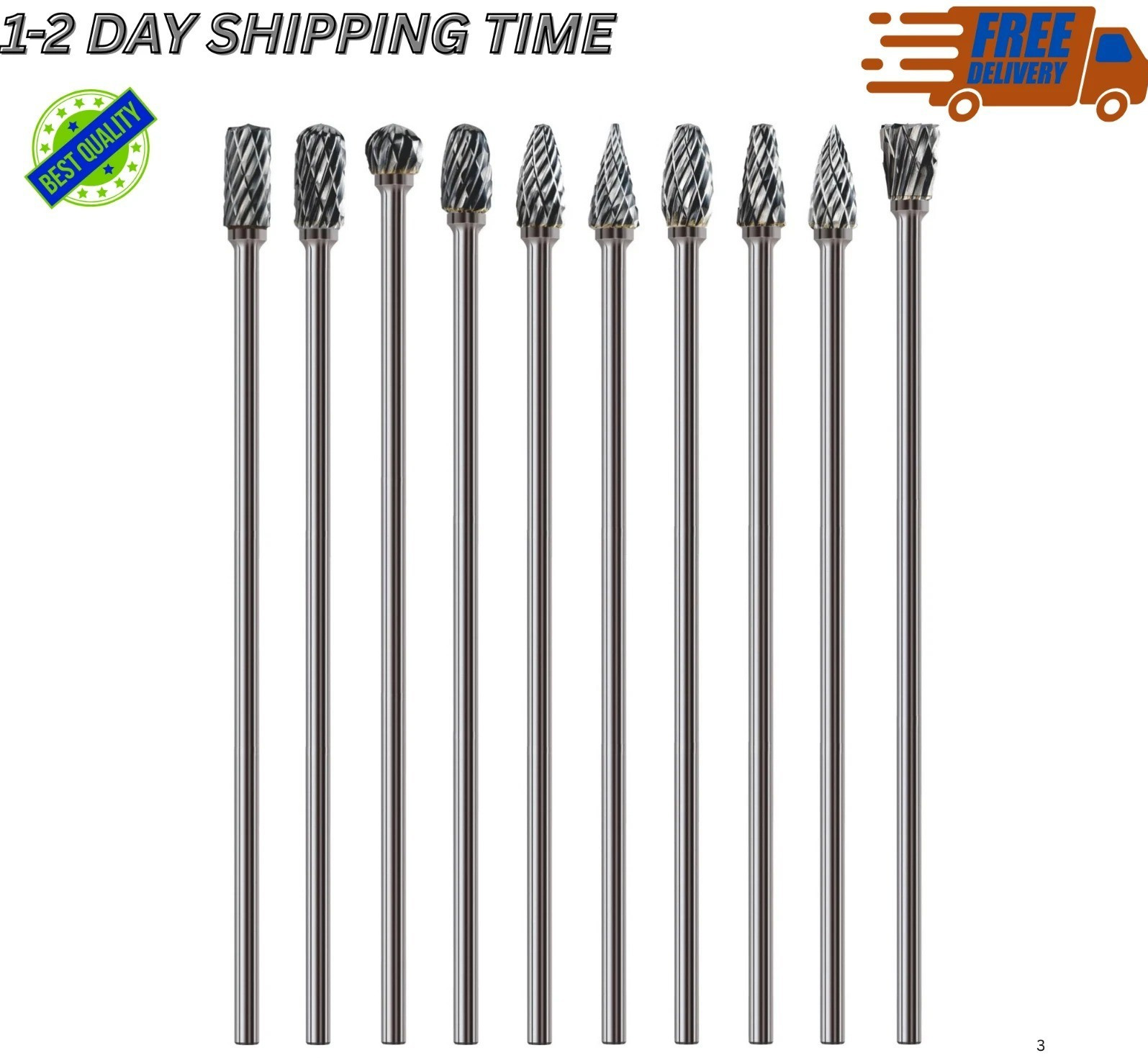 10 Pcs 1/8" Long Shaft Tungsten Carbide Burrs Set Kit Bits 4.5" Shank