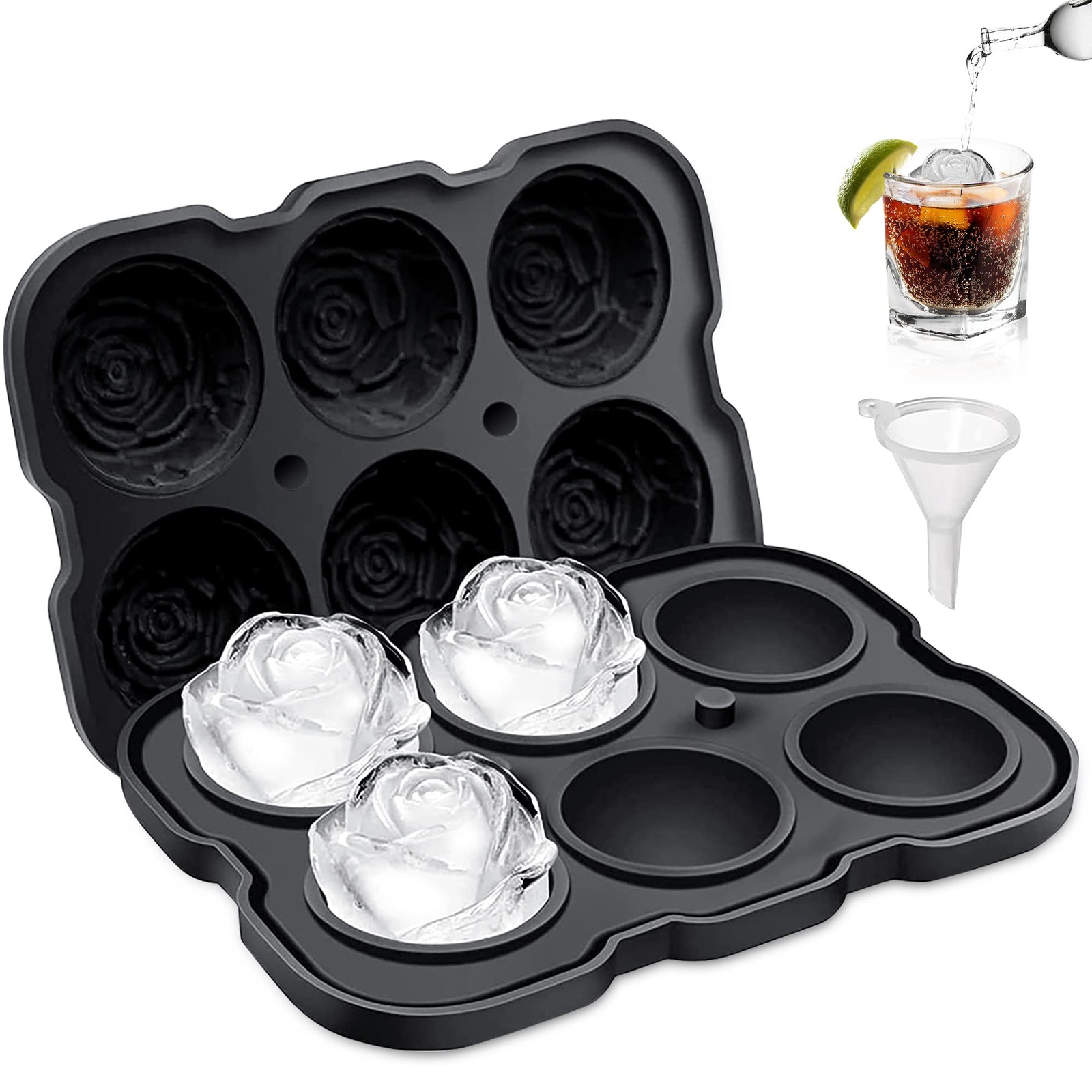 Rose Ice Cube Tray,ZACHDEE 2" Flower Silicone Tray With Large, Black