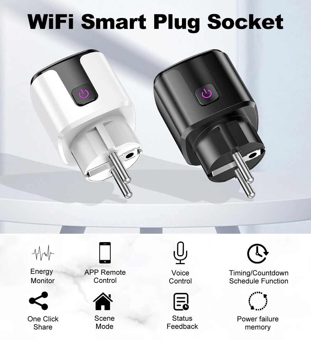 20A Tuya WiFi Smart Plug EU Power Monitor Outlet Alexa Google
