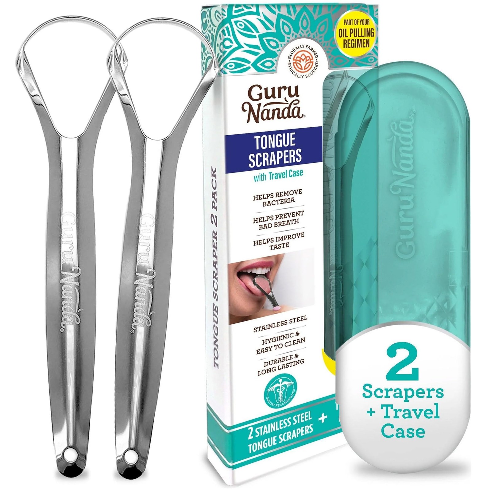 GuruNanda Tongue Scraper for Adults (2 Pack) with 1 Count (Pack of 2), Silver