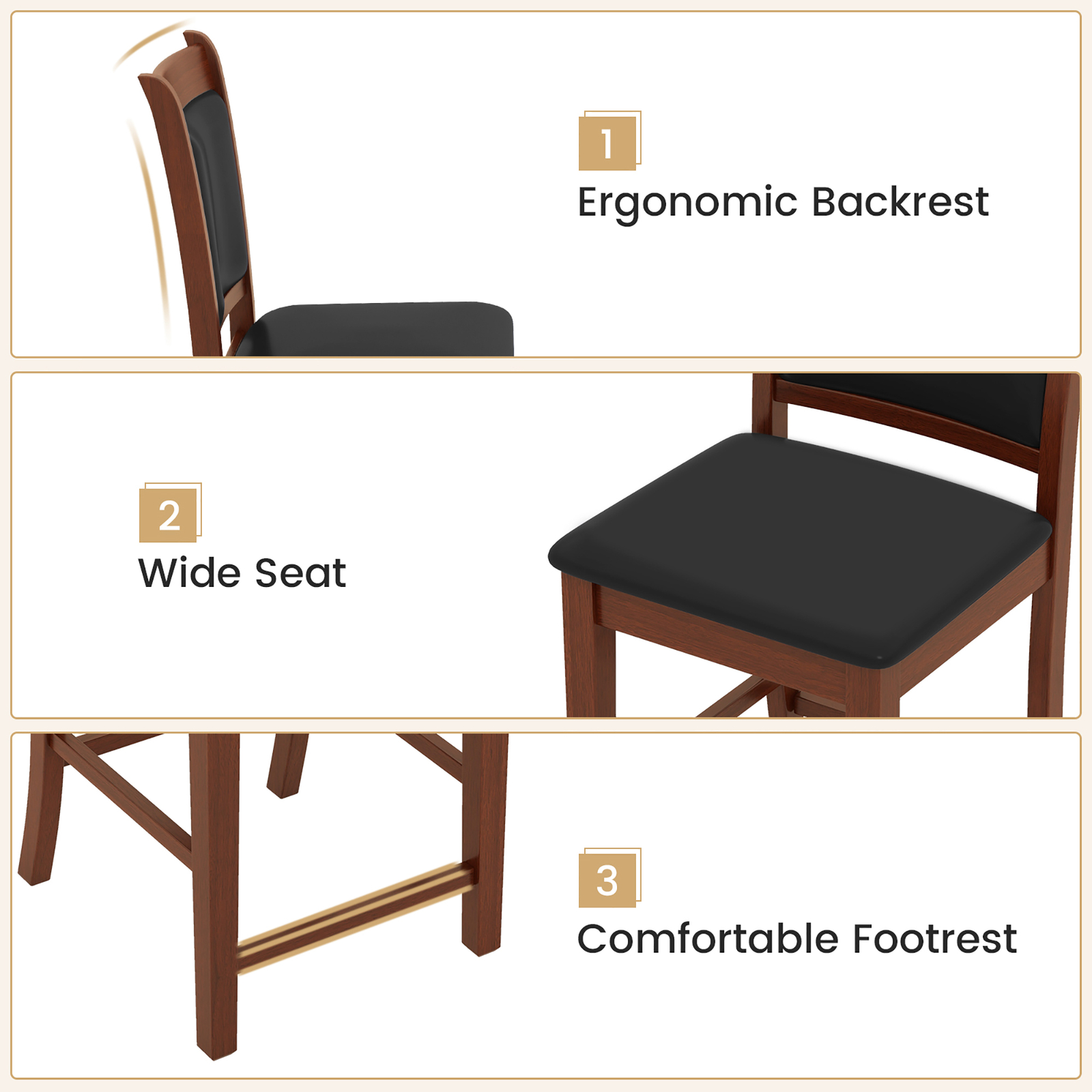 Upholstered Counter Stool Set of 2 w/ Solid Rubber Wood Frame Ergonomic Backrest