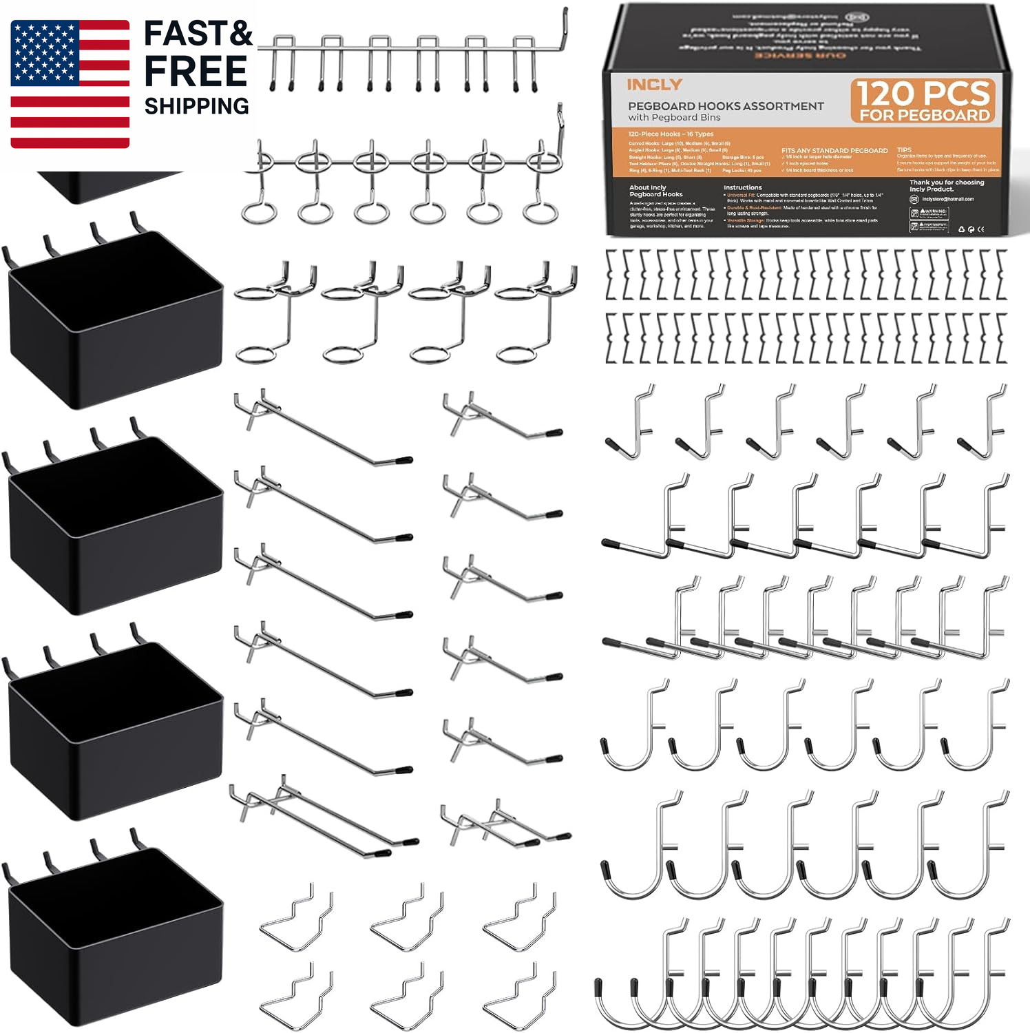 120PCS Pegboard Accessories Organizer Kit, Peg Board Hooks Assortment with Bin