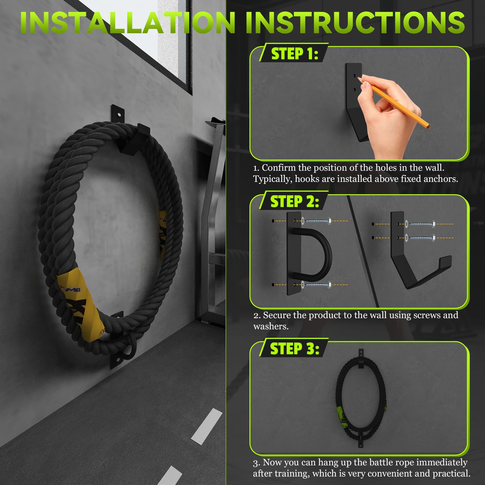 Heavy Duty Battle Rope Wall Anchor with Storage Hook Includes Screws & Washers