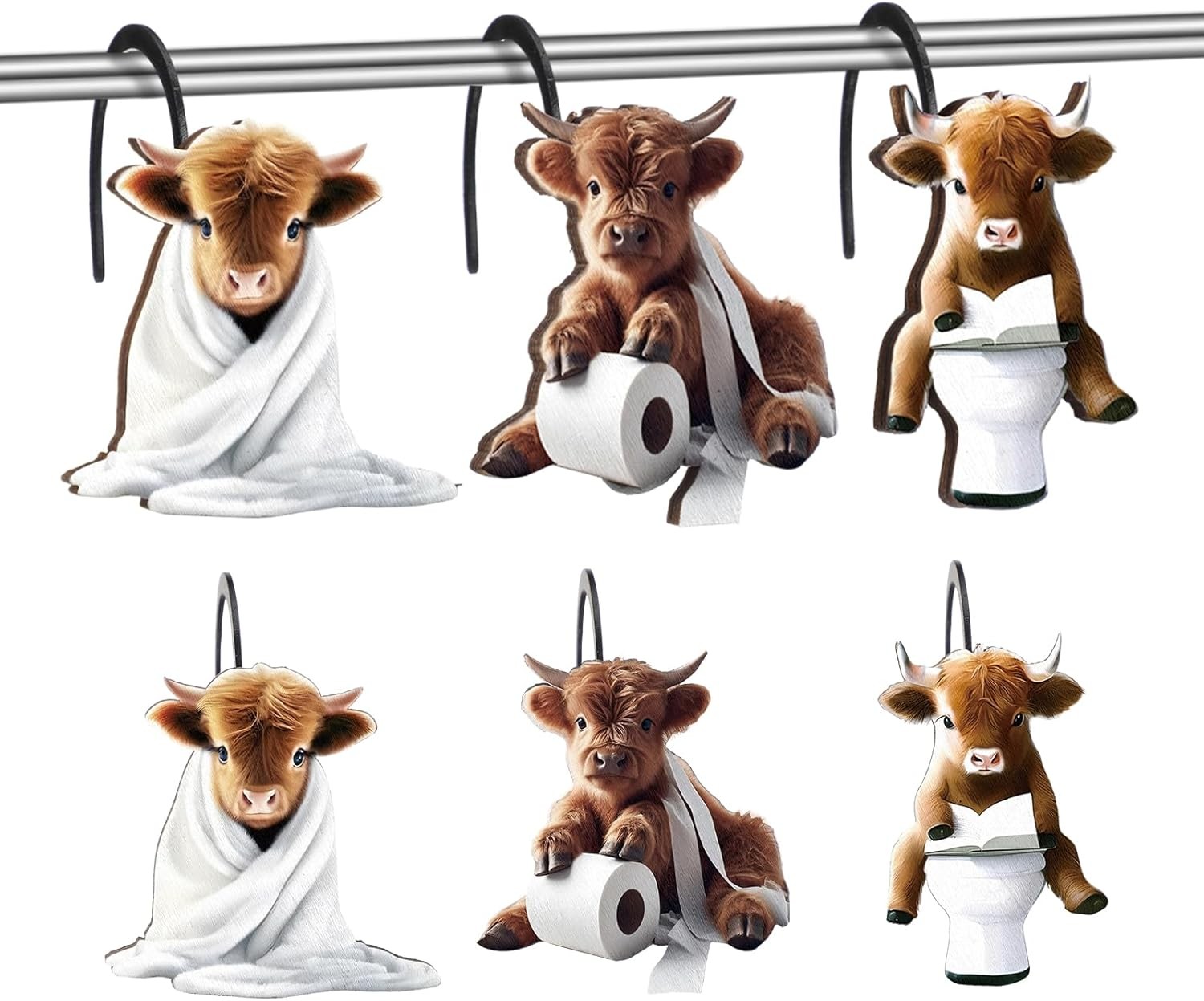 12 Pcs Highland Cow Shower Curtain Hooks Set Wood Decorative Highland Cow