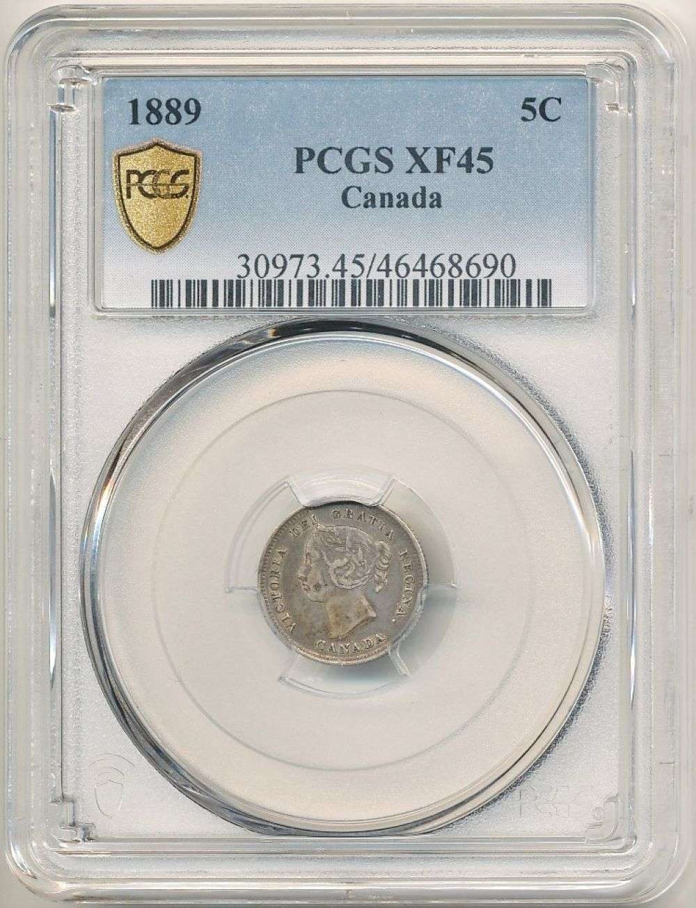 1889 Bank Of Canada 5 Cents, 5C, PCGS XF 45 Toned, Victoria