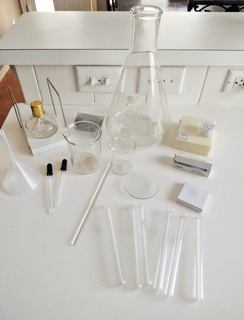 CHEMISTRY SET Glass 2000ml Flask Beakers Test Tubes Alcohol Burner Lamp Lot