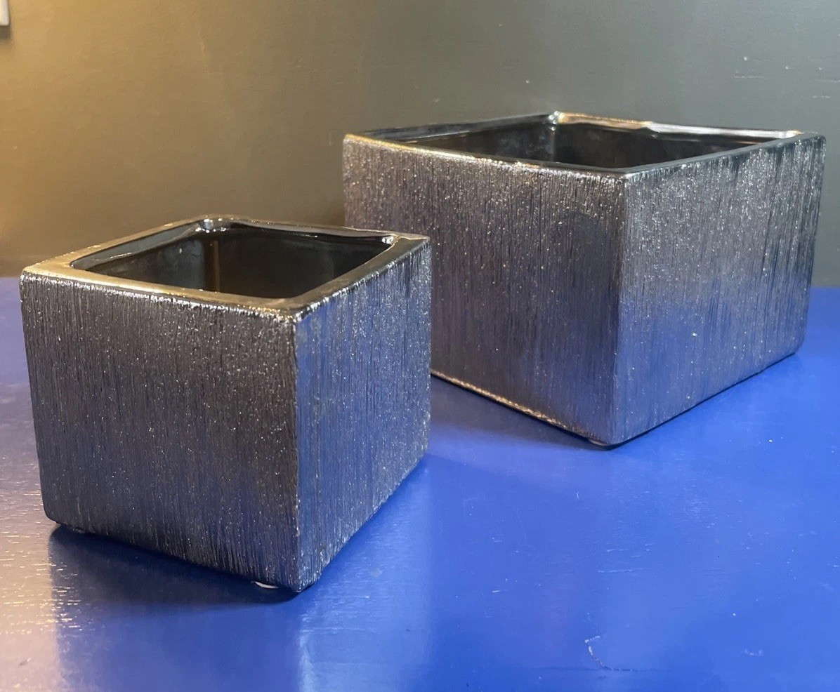 Etched UCI Silver Toned Modern Cube Planter Home Decor Unlimited Containers (2)