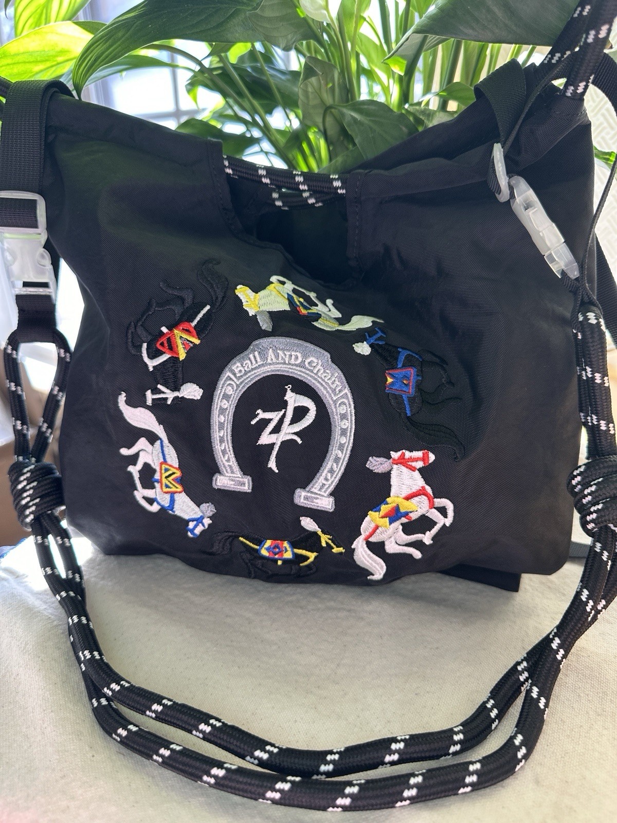Ball and Chain Embroidered Tote Bag Black Nylon Horse Horseshoe Ecofriendly Bag