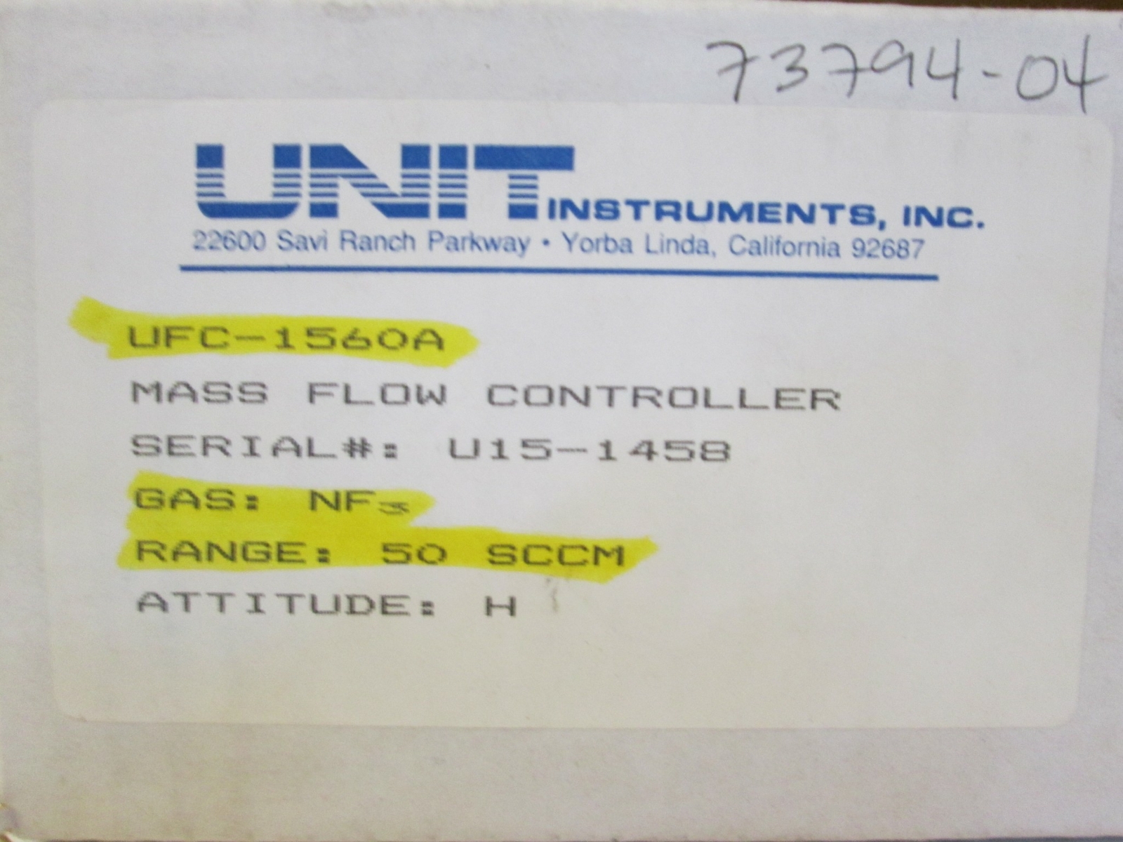 Unit UFC-1560A, MFC, Mass Flow Controller, NF3, 50 SCCM, 1/4" VCR, Used