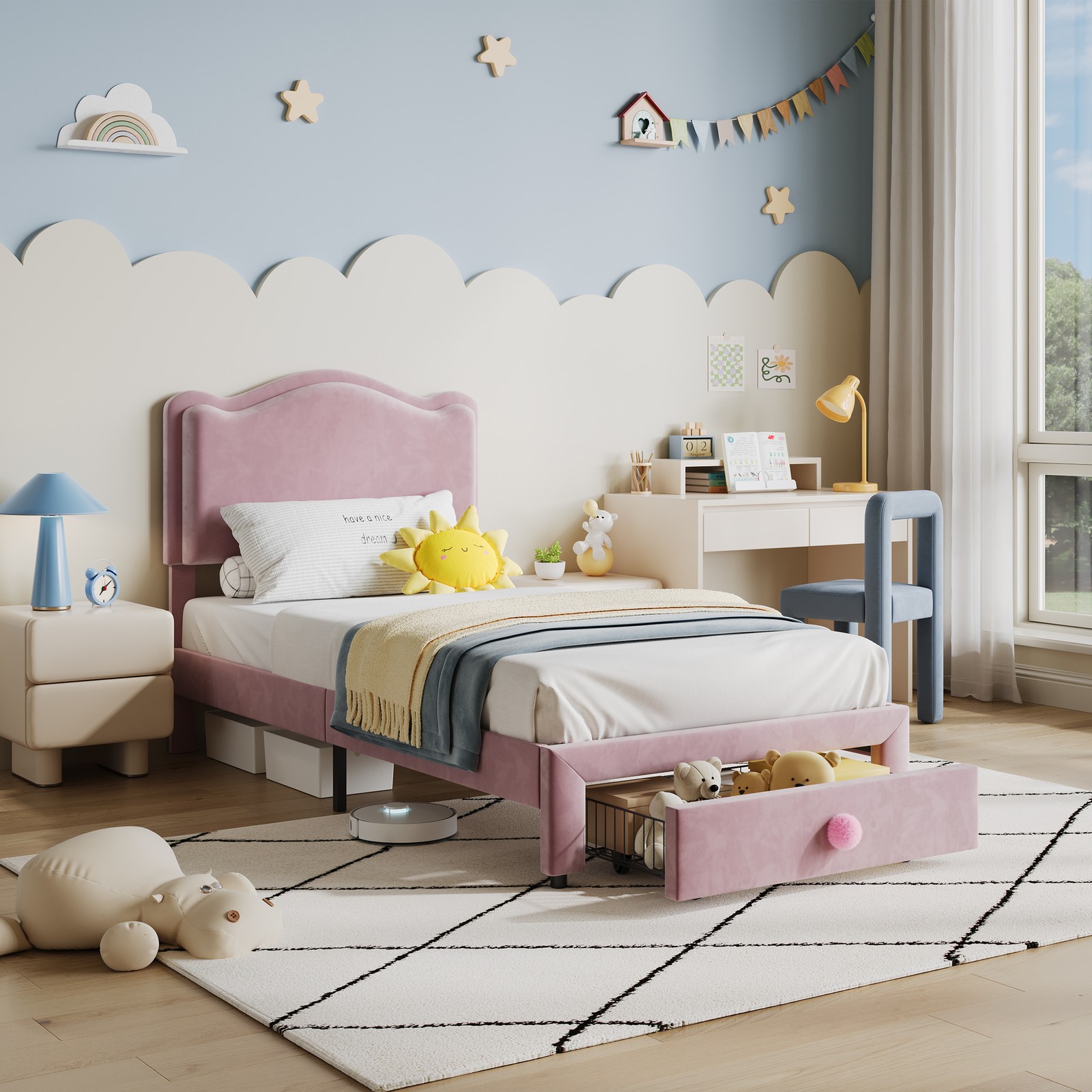 Flannel Children'S Bed Bed Frame With Headboard and Storage Compartment