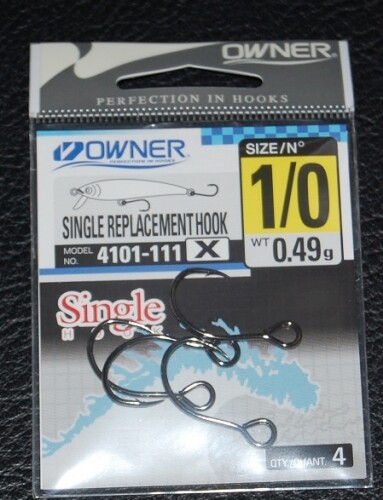 4 Pack Owner Single Replacement Hooks X-Strong Size 1/0 4101-111 Black Chrome