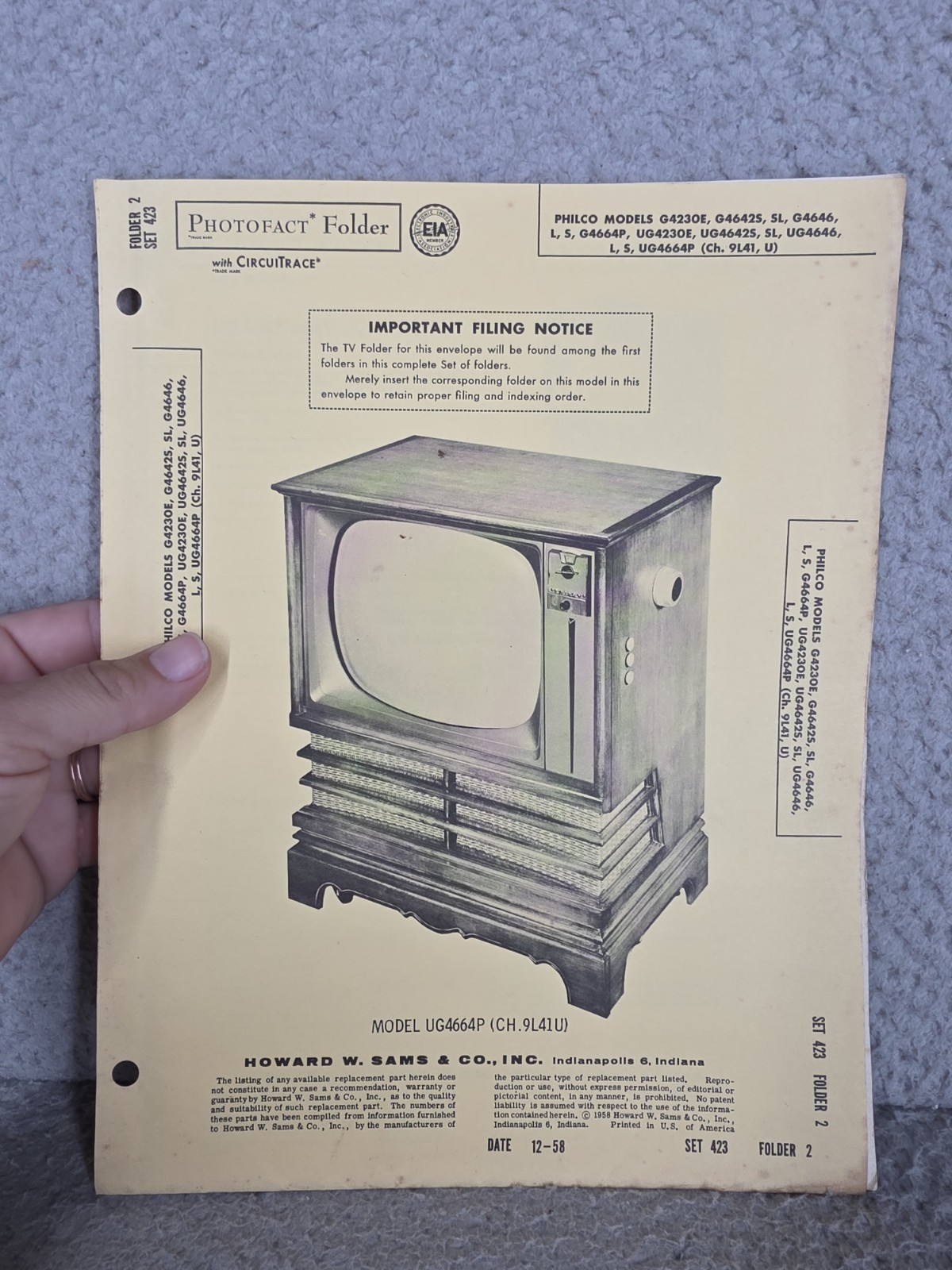 Philco Models G423OE To UG4664P Television Repair User Manual Schematics 1958