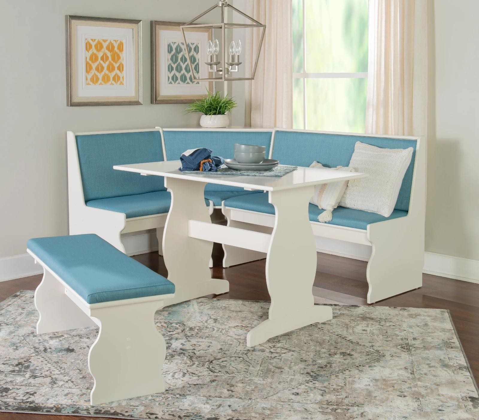 3-Piece Coast Farmhouse Dining Nook With Bench And 5-PCS Padded Cushion Set Blue