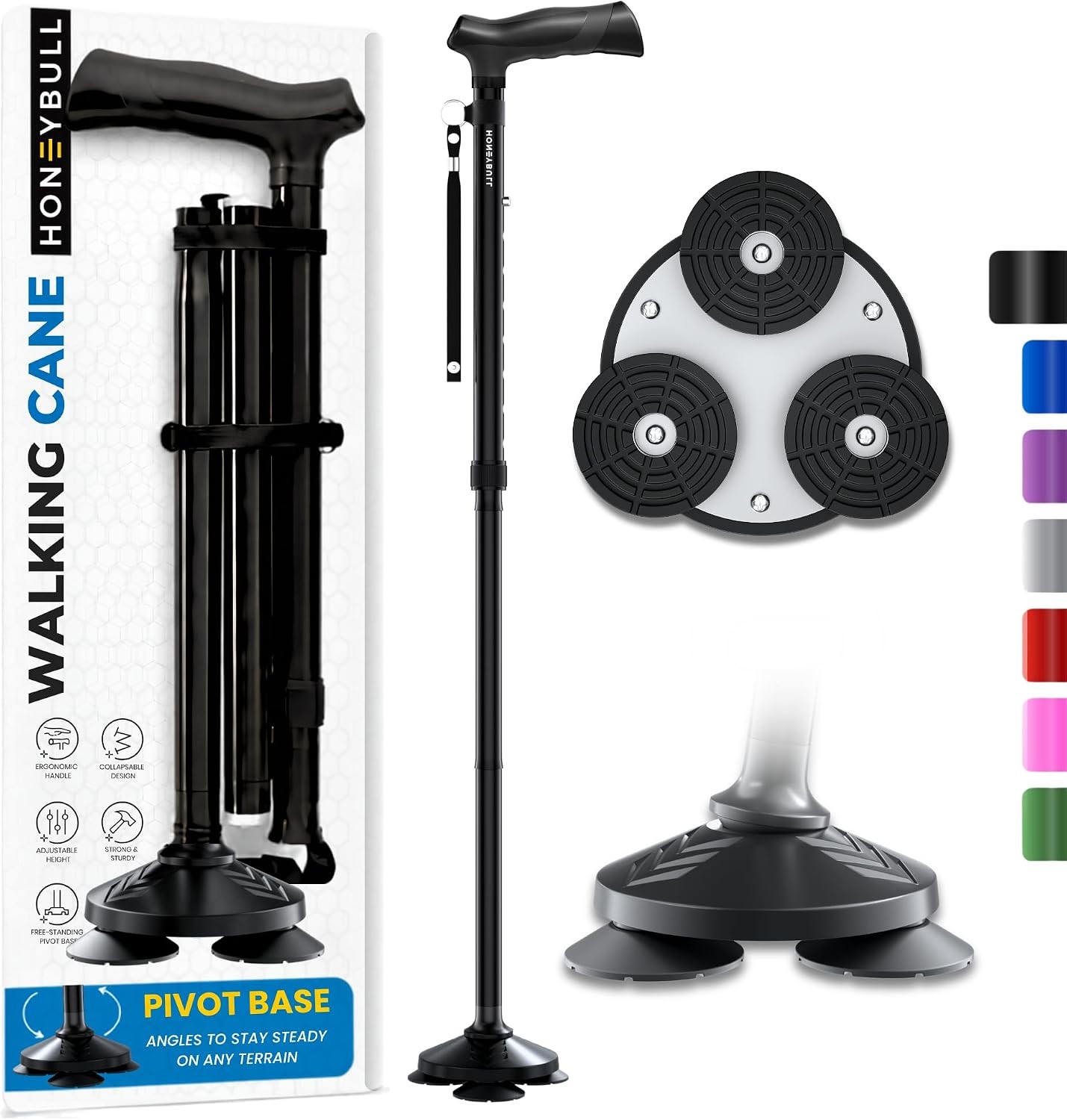 HONEYBULL Foldable Walking Cane Adjustable Free Standing Ergonomic