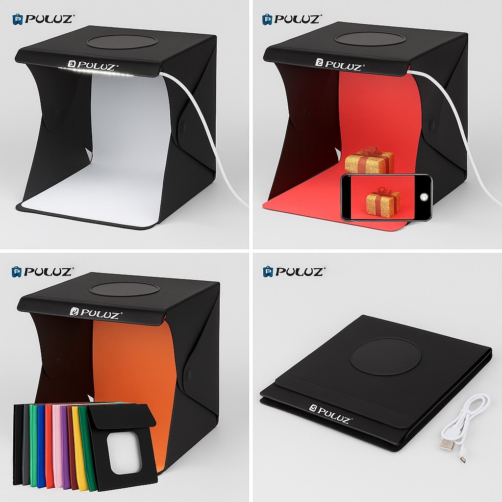 PULUZ 25cm Foldable Photo Studio Ring Light Studio Box, 12 Colour Backgrounds