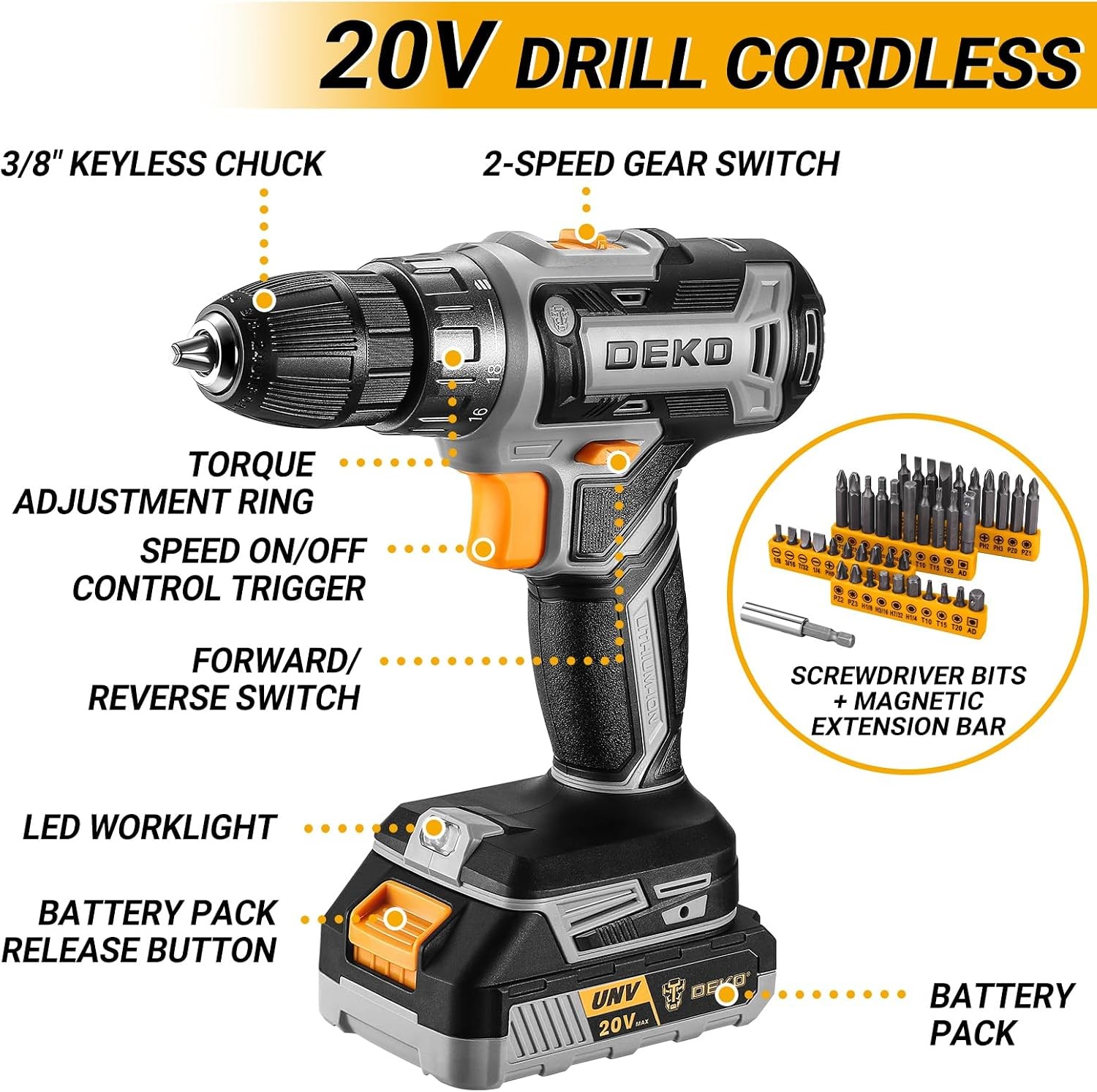 Cordless Drill Tool Kit Set: 20V Power Drill Tool Box