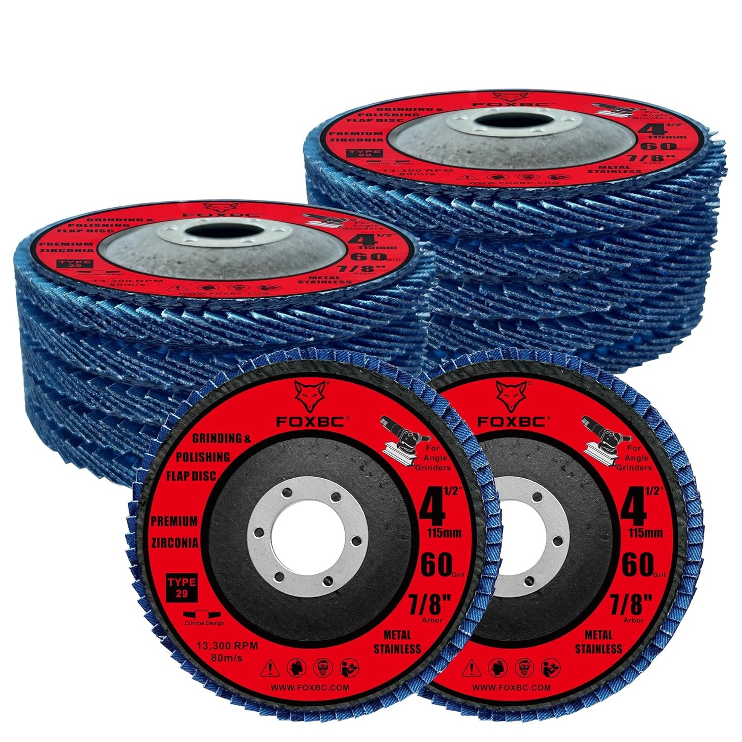 10 Pack , 4-1/2 Inch Flap Discs, 60 Grit, Type 29 - Conical design, 7/8" Arbor