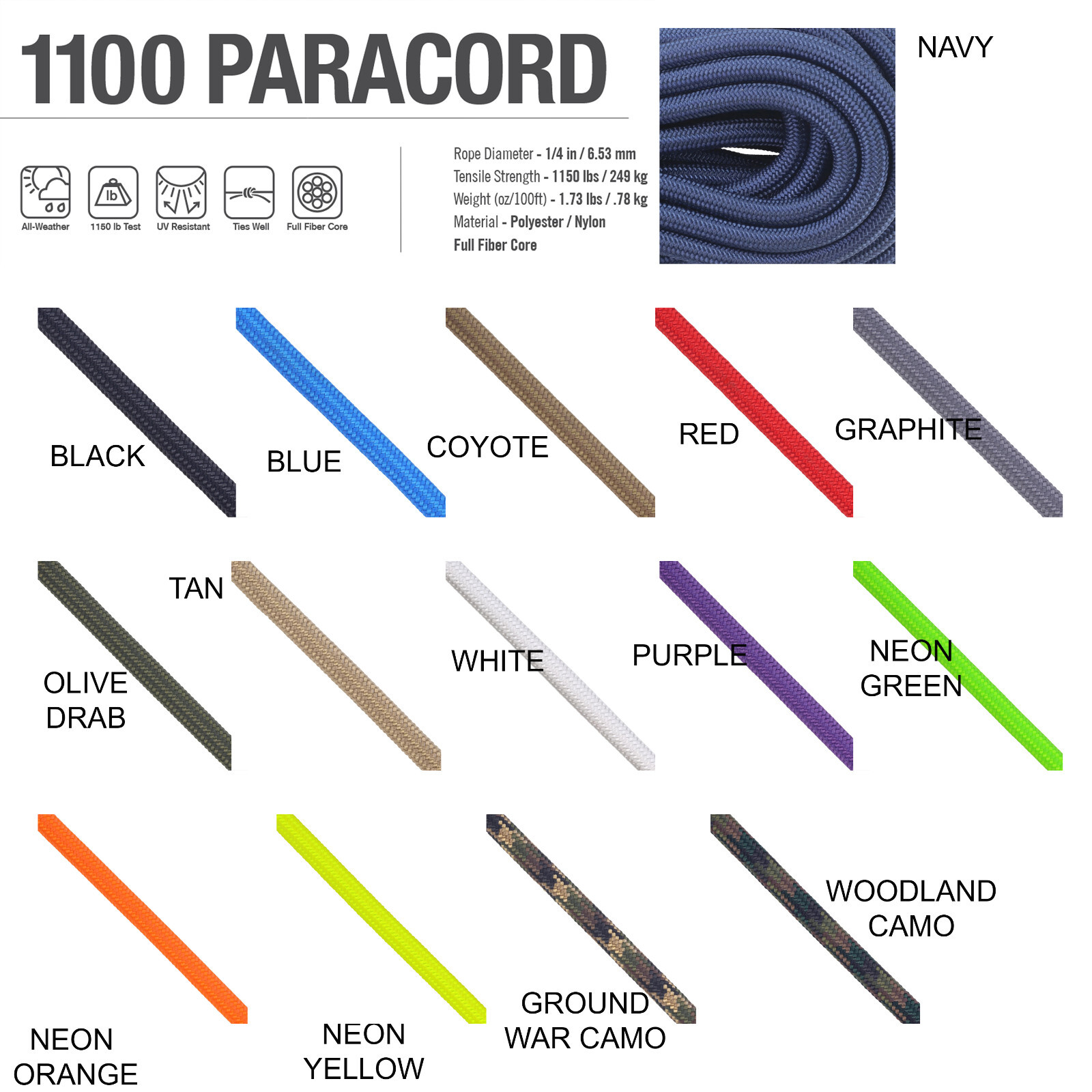 ATWOOD USA Paracord 1100 braided utility rope AUTHENTIC 6.53mm 500kg 15+ colours