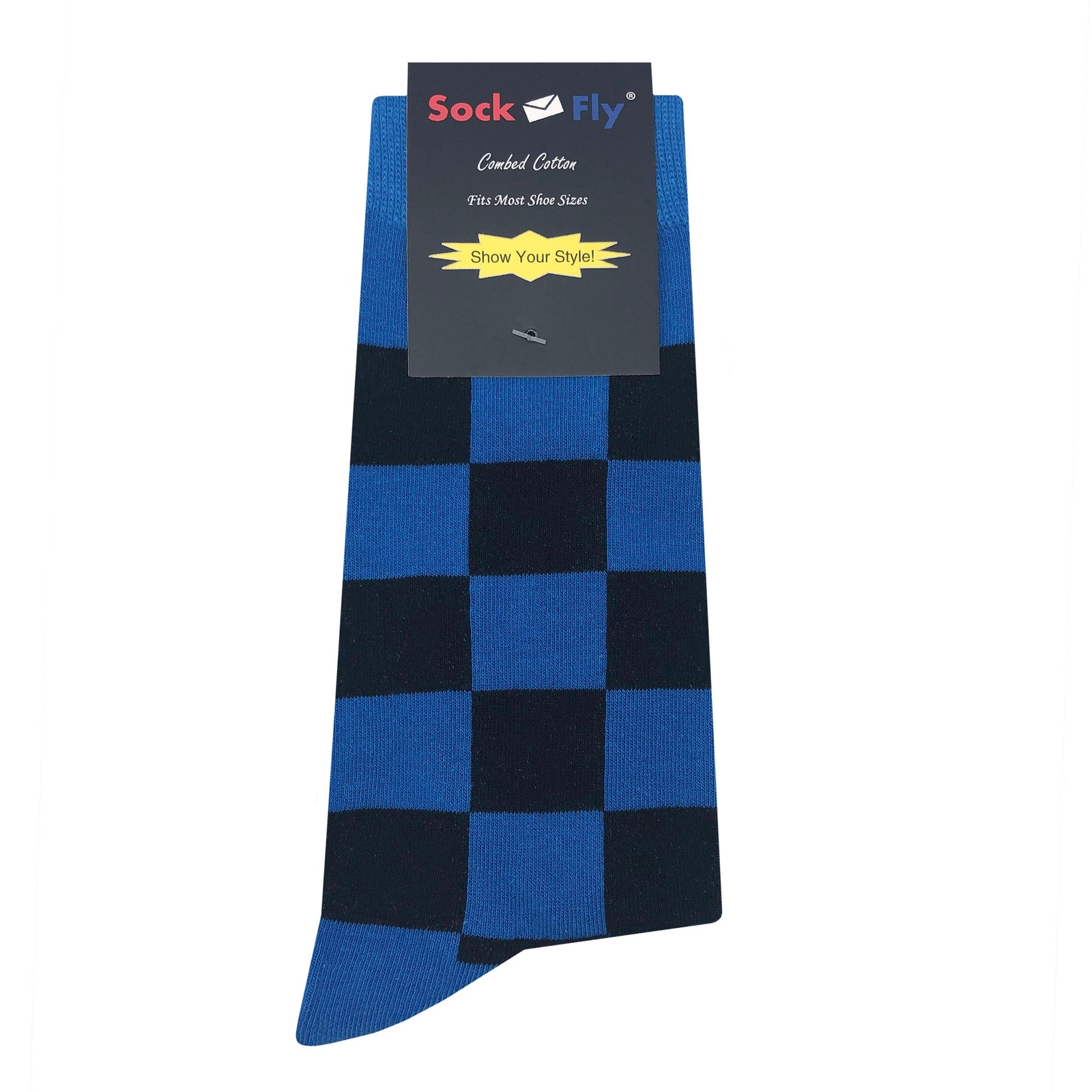 NWT Blue Black Checker Dress Socks Novelty Men 8-12 Multicolor Crazy Fun Sockfly