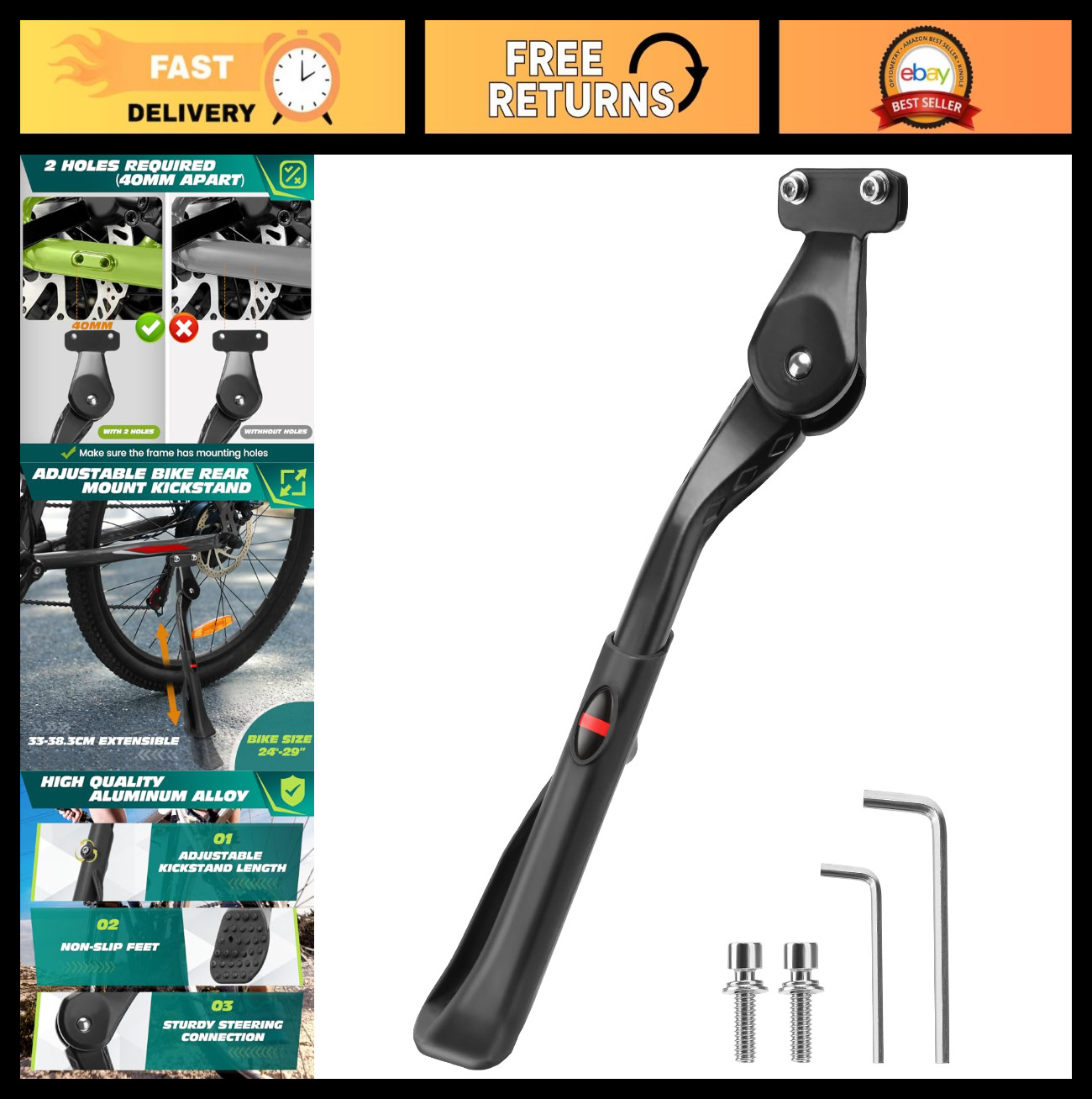 Heavy Duty Adjustable Bike Kickstand 24"-29" Aluminum Alloy for Mountain & Road