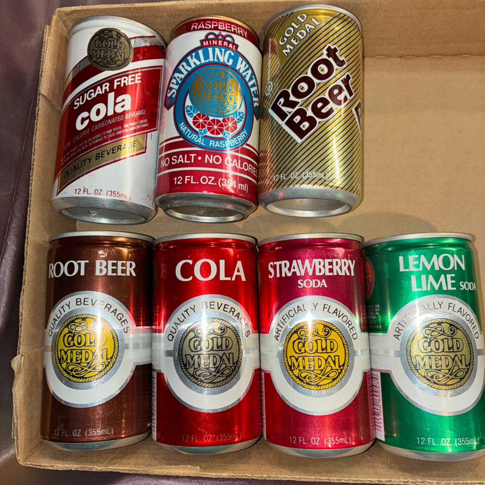 Gold Medal soda cans, lot of 7 different flavors, aluminum