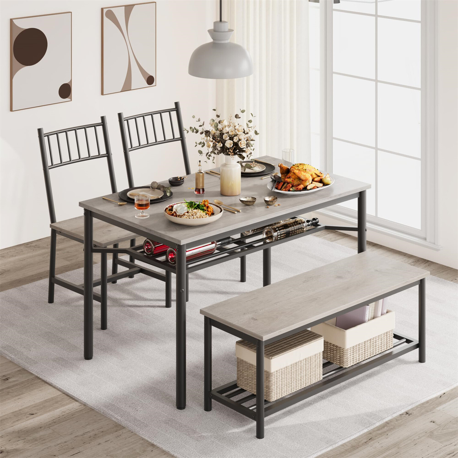 ✅Dining Table Set for 4 Kitchen Table and 2 Chairs with Storage Bench Dining Set