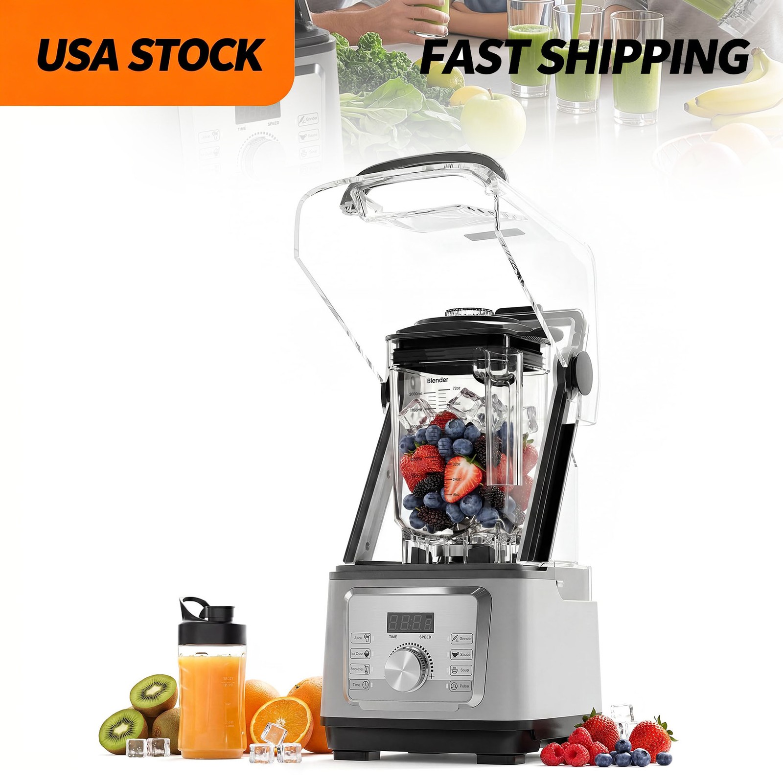 68oz Commercial Blender Quiet Cover Countertop Blender Smoothies Juices 9 Speeds