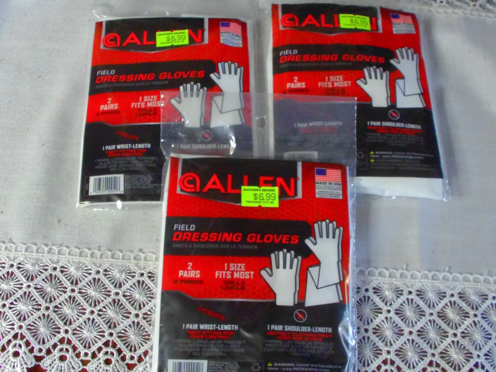 Allen Field Dressing Gloves;  3 Packs;  6 Pairs Total;  One Size Fits Most; #51