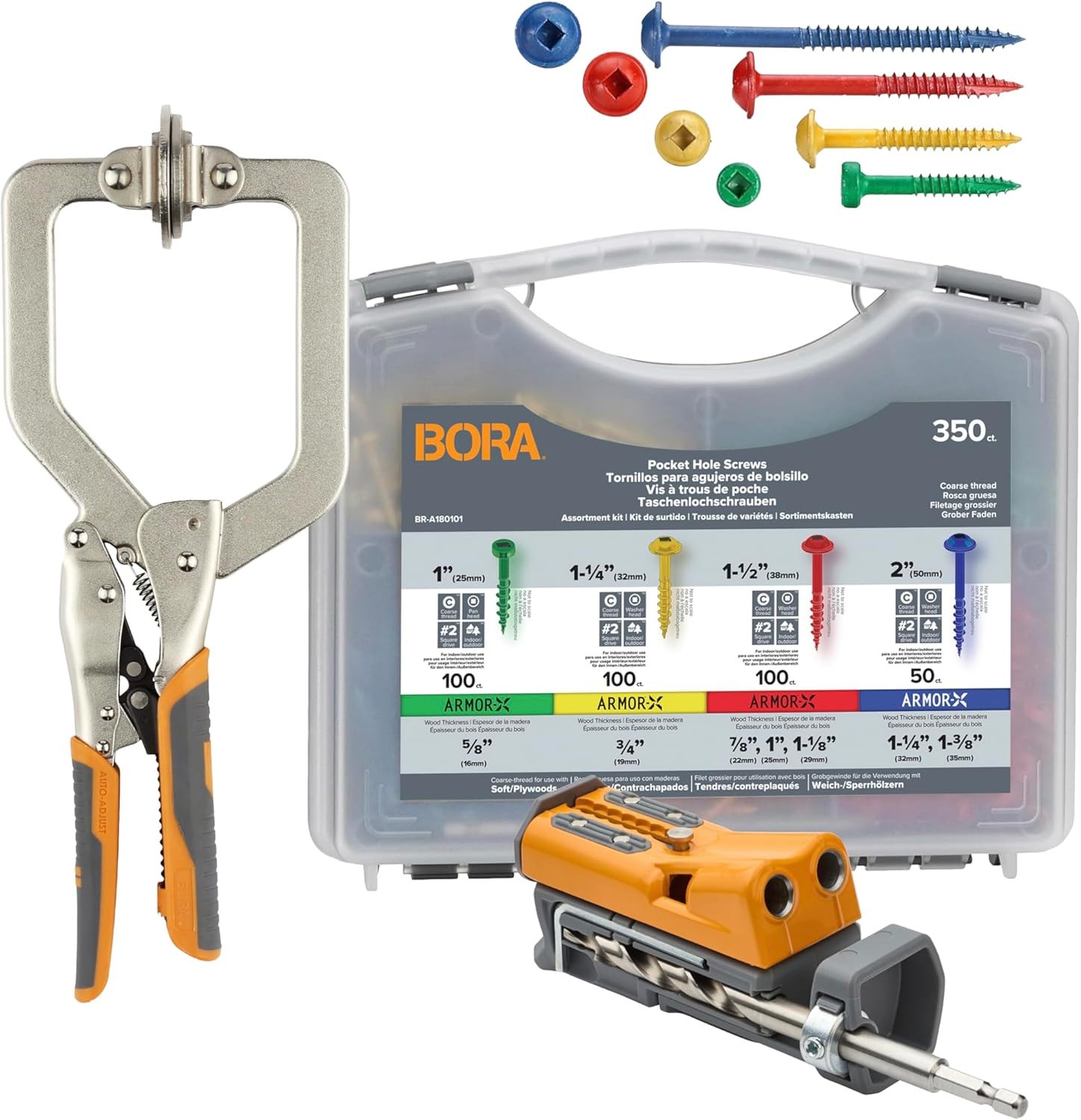 BORA Pro Pocket Hole Jig Kit 3" Clamp 350pc Screw Auto Adjust Drill Guide Wood