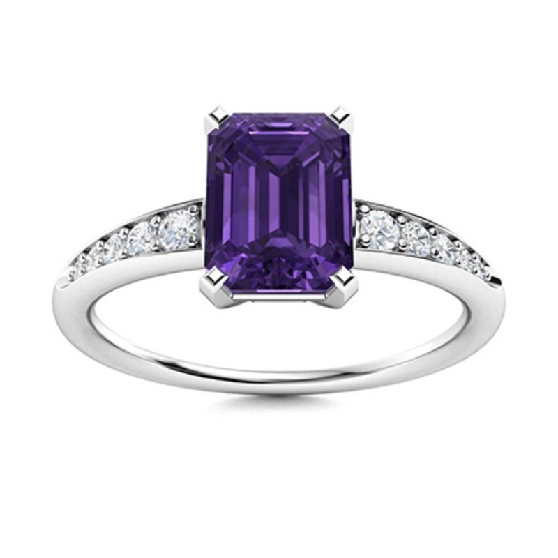 Sterling Silver Emerald Cut Amethyst Gemstone Solitaire with Accents Ring
