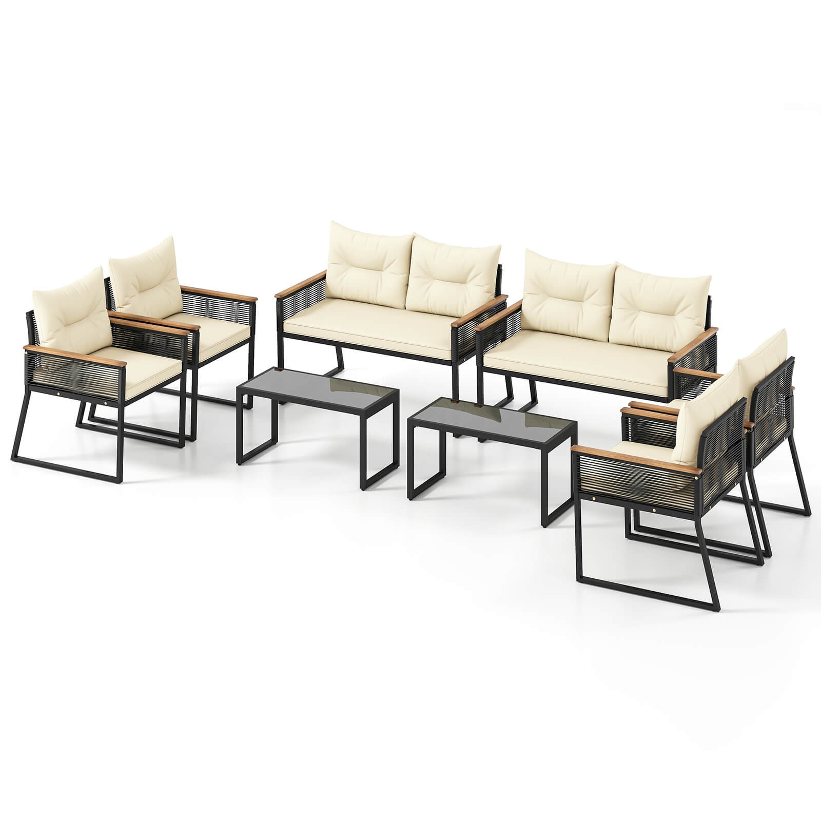 8 PCS Patio Furniture Set w/Tempered Glass Coffee Table PE Wicker Rattan Chairs