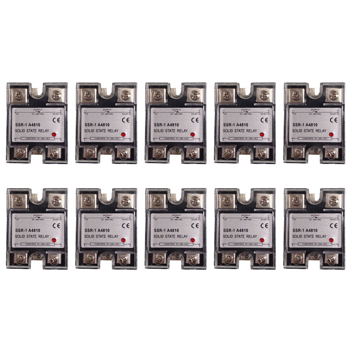 10 pcs SSR-10AA Solid State Relay Single Phase 10A 70-280V AC to 24-480V AC