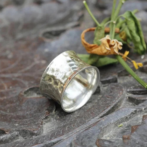 925 Sterling Silver, Solid Silver, Band Ring, Hammer Wide Cigar Band Ring