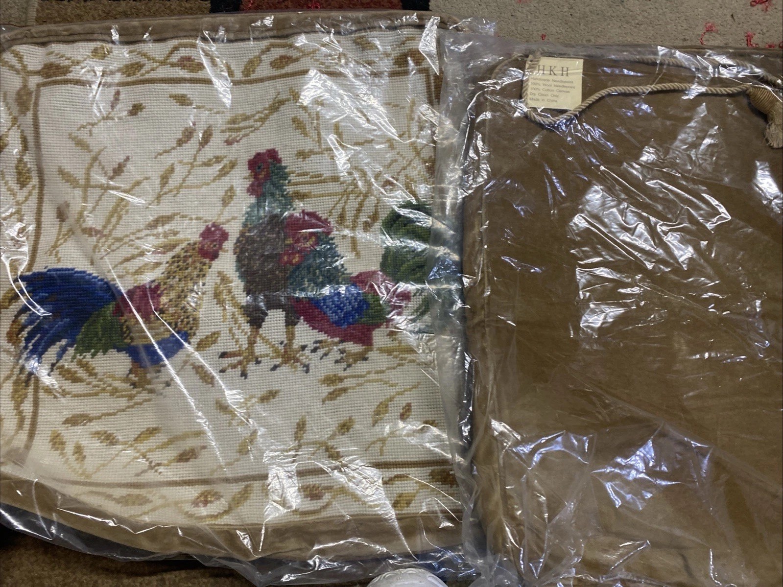 18”   Rooster Needlepoint Chair Cushion Cover Case French Country Lot 2 Tassels