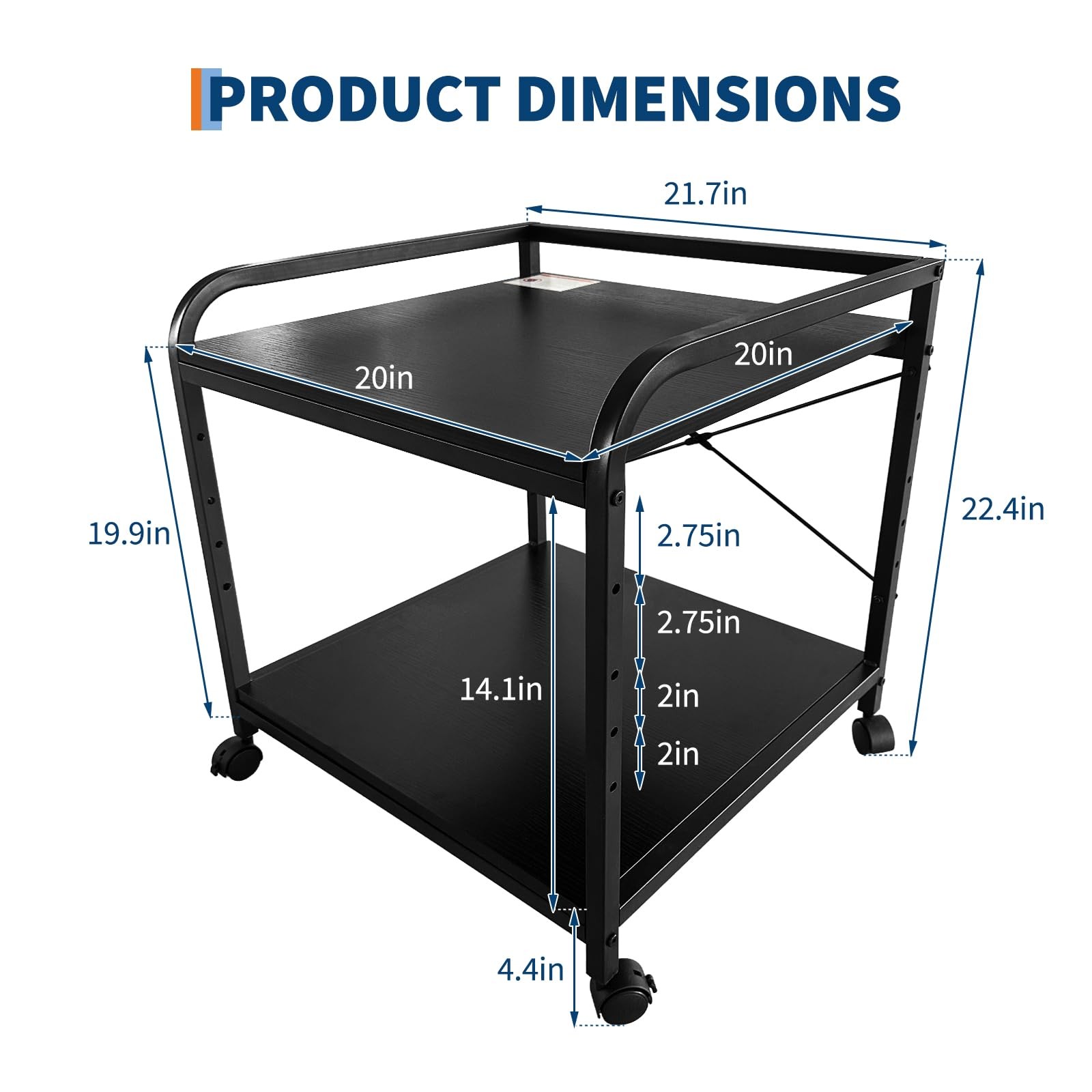 2 Tier Under Desk Printer Stand with Storage, 20" Deep Printer Table with Wheels