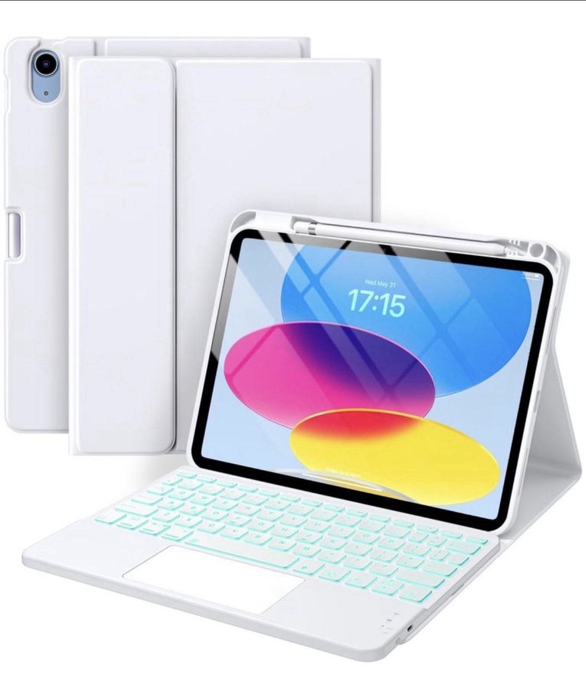 Keyboard Case w/ Trackpad for iPad 11th/10th Gen, 10.9", 7 Color Backlit - White
