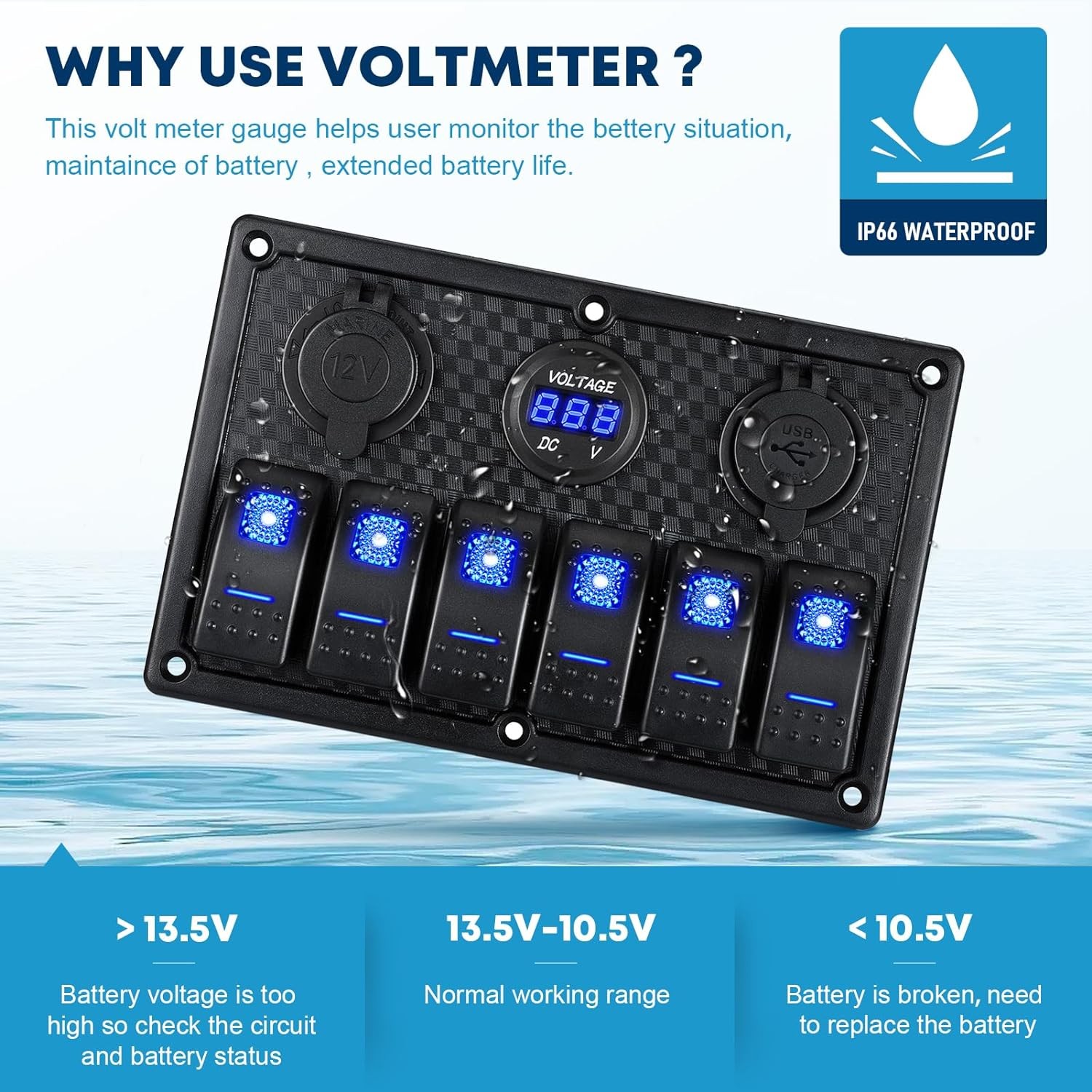 Panel de interruptores 6 vías 12V impermeable con USB y voltímetro