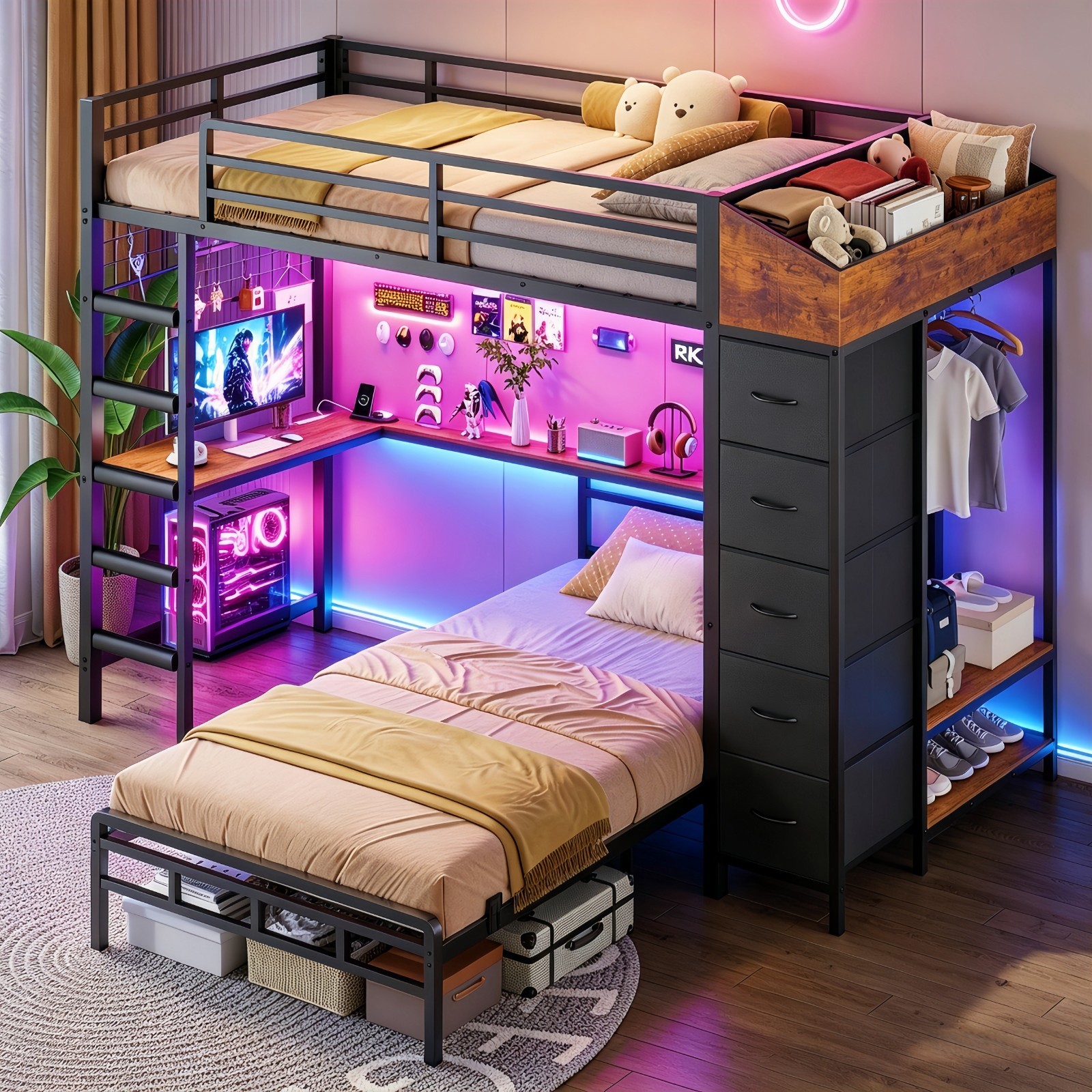 Bunk Bed Twin Over Twin with Storage Hall Tree, Charging Station and LED Lights