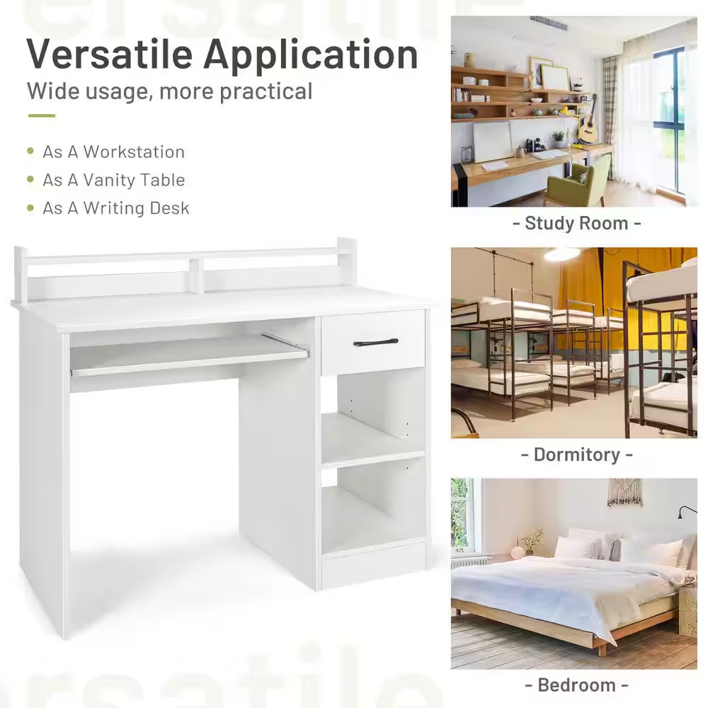 41.5 In. Rectangular White Wood Wide Computer Desk Writing Study Laptop Table wi
