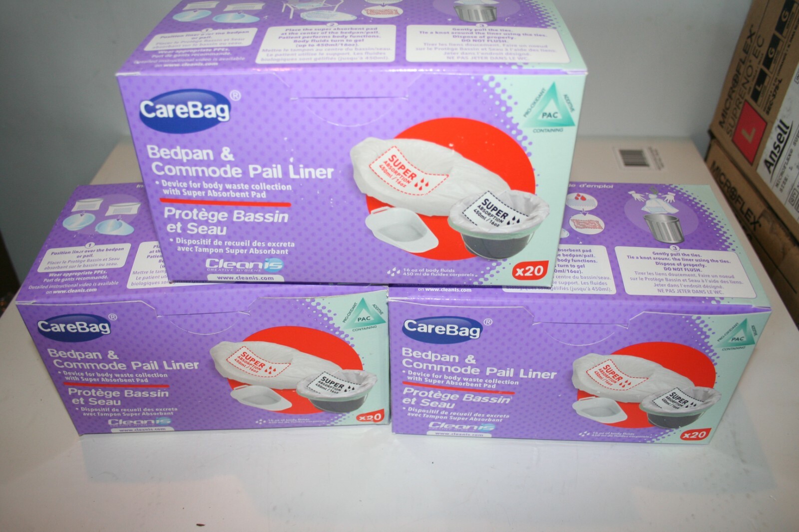 3 Boxes CareBag Bedpan & Commode Pail Liners W/Super Absorbent Pads 20 Pcs/Box