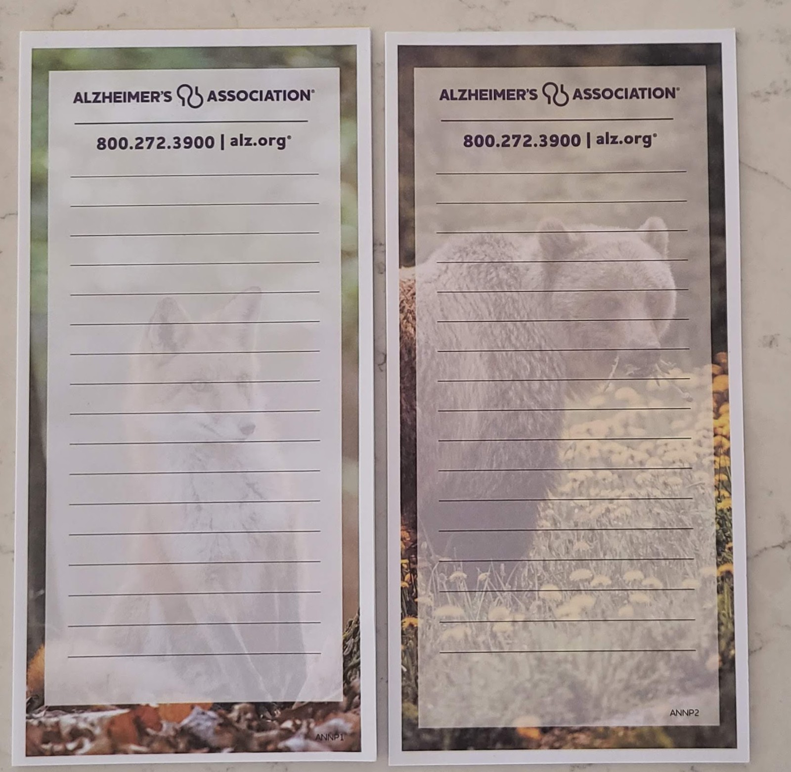 Lot of 2 Alzheimer's Assoc.  Wildlife notepads Each 7" X 3.5" Loose