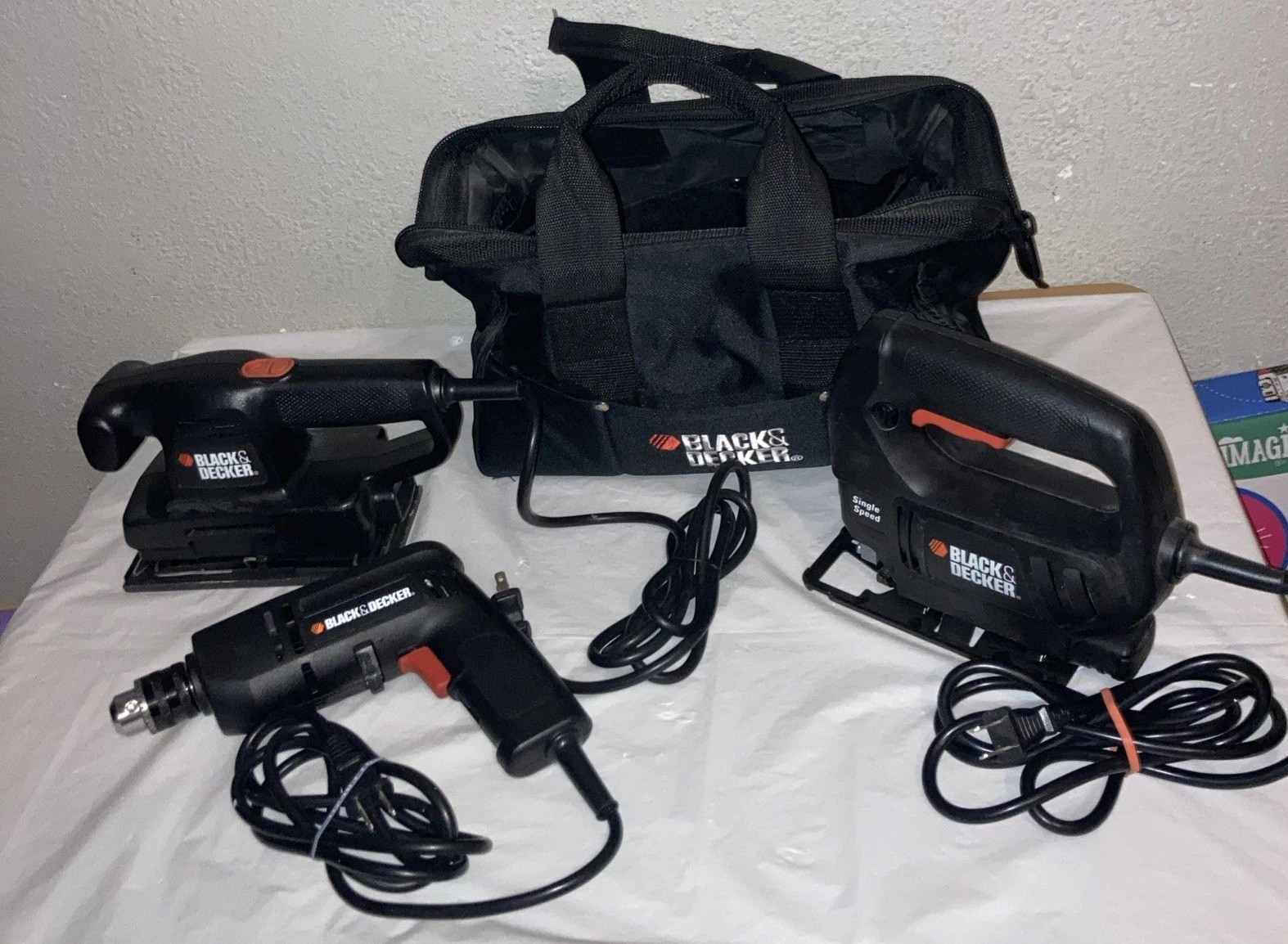 Black & Decker Corded Drill Jigsaw and Sander w/carrier – Tested & Ready for Use
