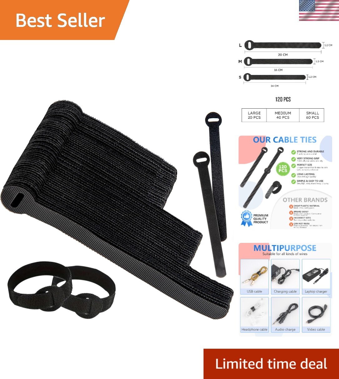 120 PCS Reusable Nylon Cable Ties - 5, 6, & 8 Inch Adjustable Cord Organizers