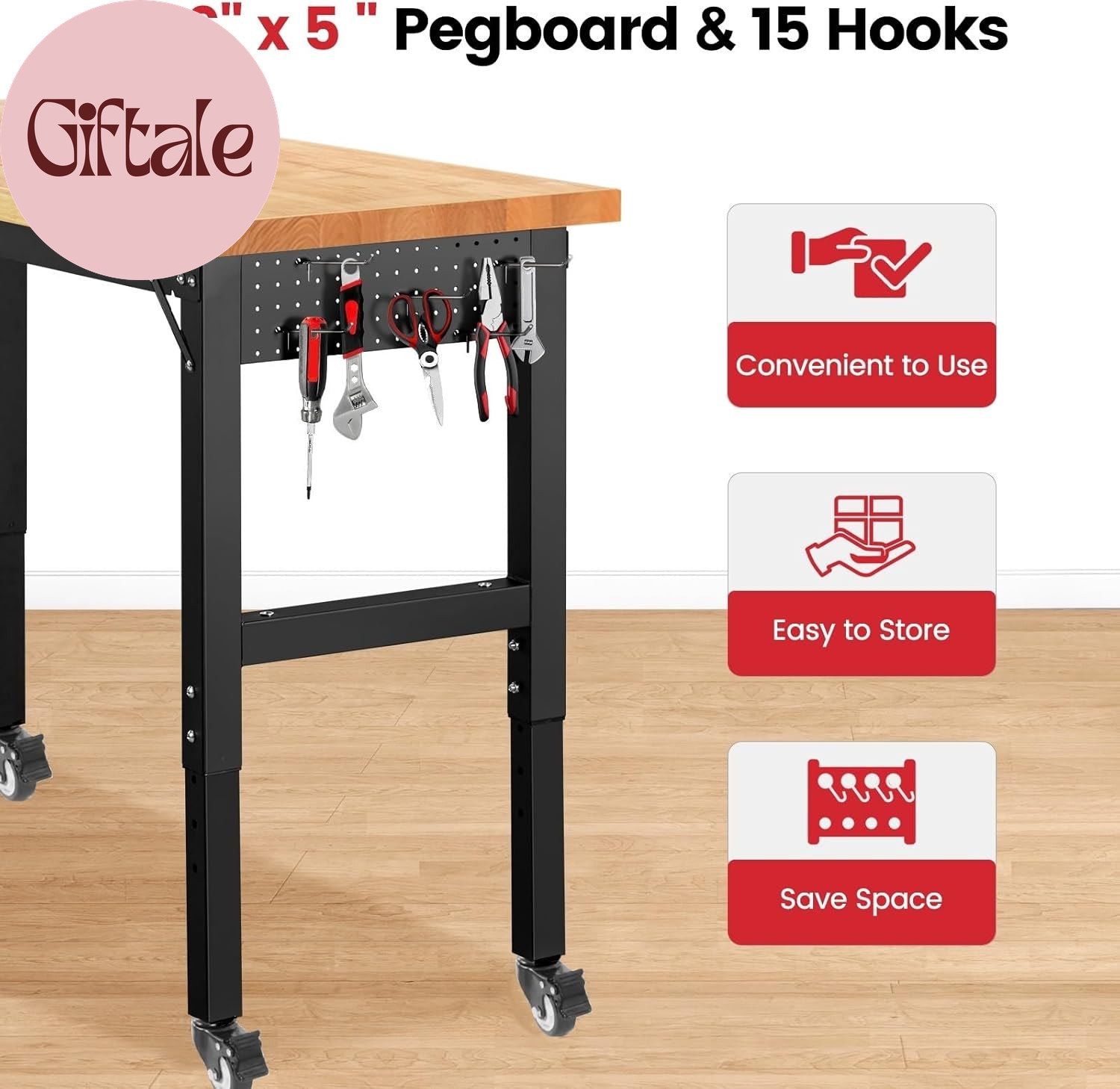 Workbench for Garage Adjustable Height 60 X 22 Inch Work Table with Wheels Heavy