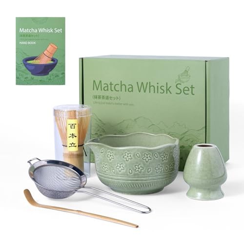 Matcha Whisk Set,5 Pcs Matcha Kit includes 18OZ Ceramic Bowl with Spout,Bamboo
