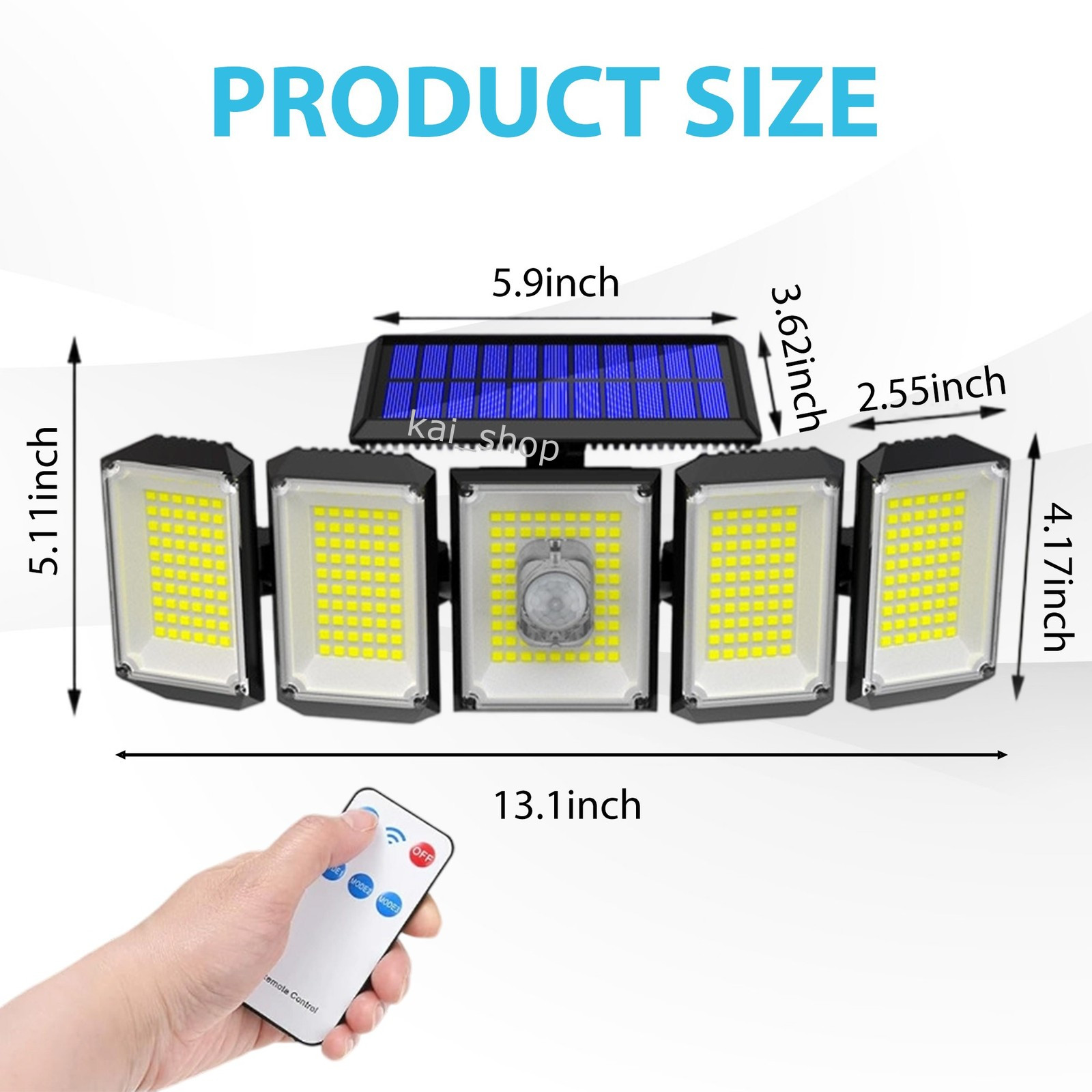5-Head Solar Wall Light, 300LED, Motion Sensor, Remote Control, Outdoor IP44