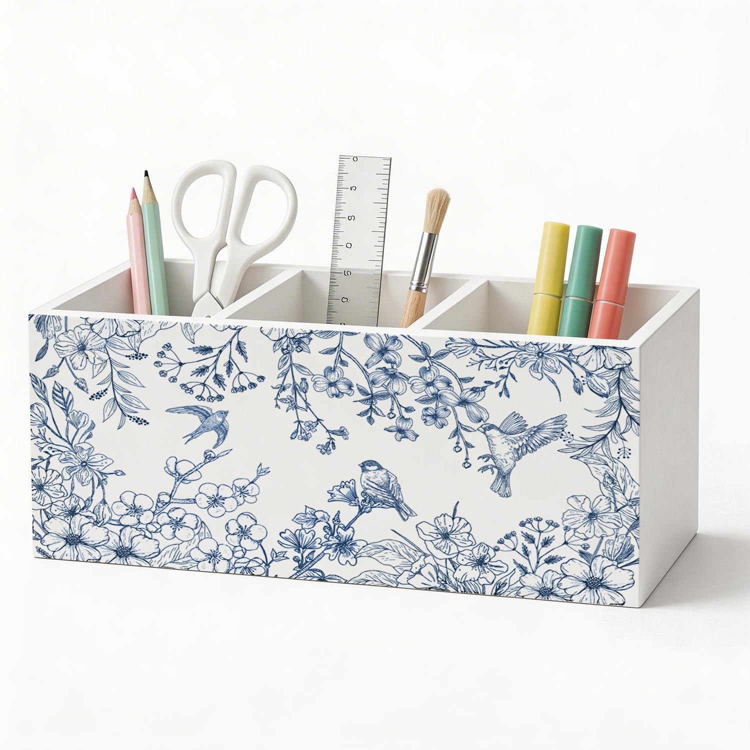 Blue and White Chinoiserie Floral Bird Pen Holder Organizer Desk Decor, Grand...